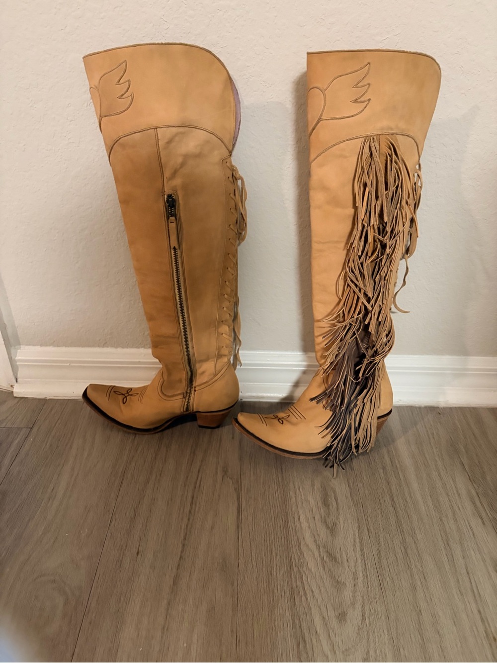 Tan Over-the-Knee Fringe Western Boots